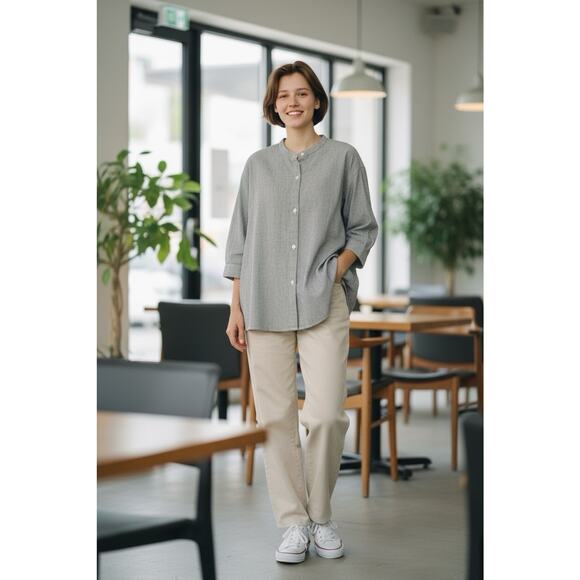 Eileen Fisher Organic Linen Cotton Tunic Shirt XL Gray Stripe Lagenlook Minimal - Picture 15 of 15